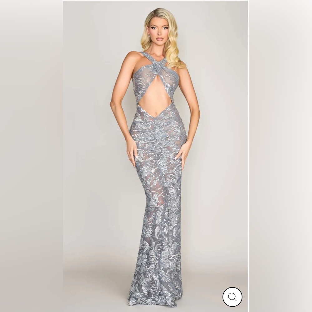 Moda Glam CHARLIZE SHEER SEQUIN HALTER GOWN- SILVER size 2